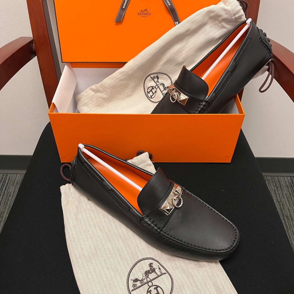 Hermes Black Loafers with Silver Detail